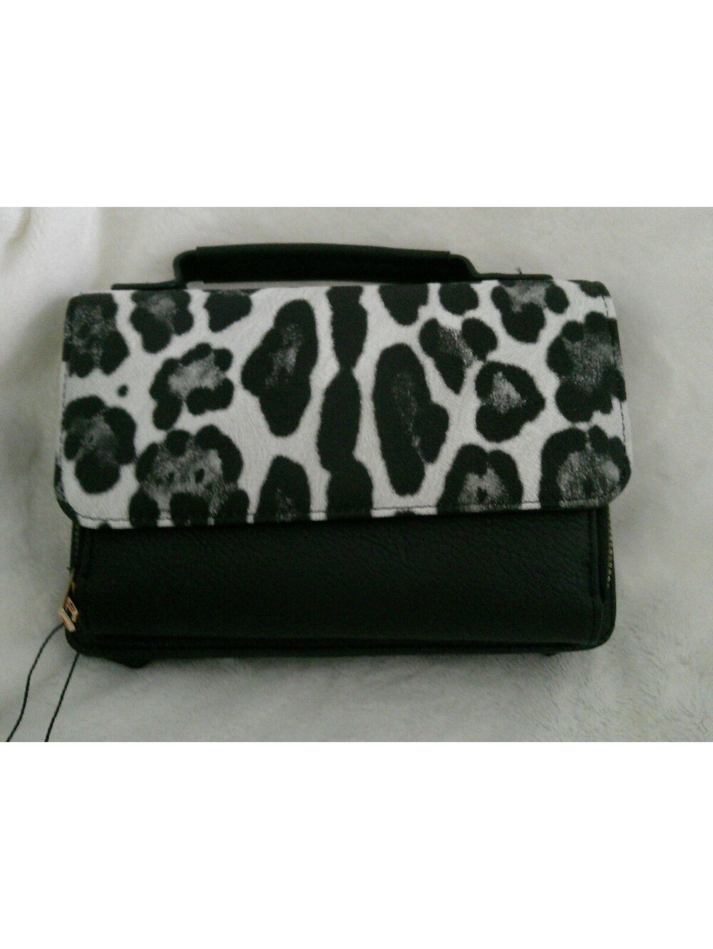 Black and White Leopard Print Crossbody Bag with Gold Zipper